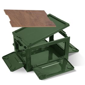 Folding Storage Bin Camping Collapsible Organizer Box Stackable Grocery Container Shelf Baskets with Cutting Board Top Lid 4 Side Lockable Doors Wheel (Option: StorageBinArmyGreenGPCT5518)