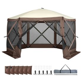 Pop Up Gazebo Tent, Pop-Up Screen Tent 6 Sided Canopy Sun Shelter with 6 Removable Privacy Wind Cloths & Mesh Windows (Item Size: 11.5 x 11.5 ft, Color: Brown)