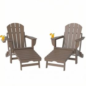 Folding Adirondack Chair Set of 2, HDPE Fire Pit Chair with Retractable Ottoman and Cup Holder (Color: Brown)